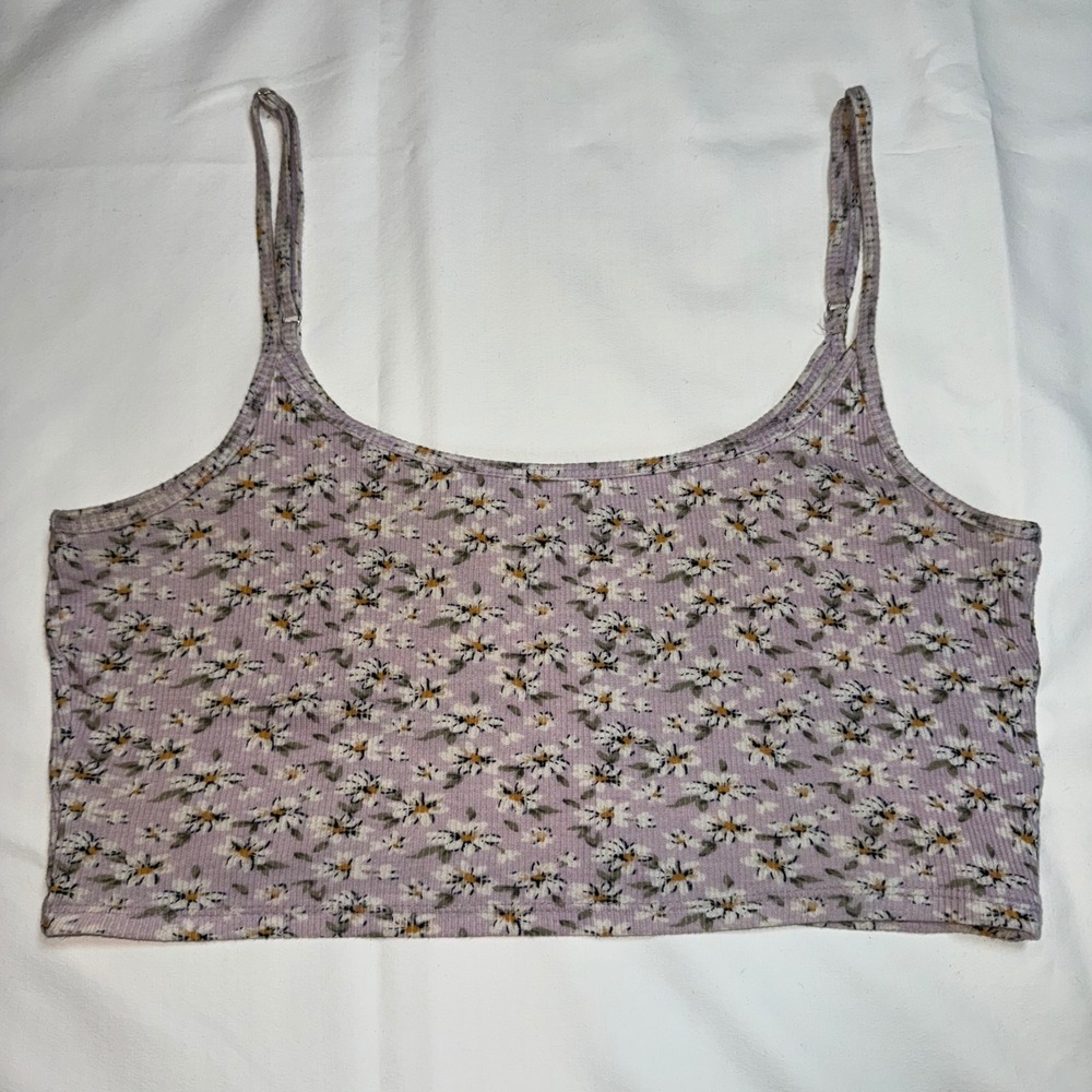 Hollister Baby Cami Purple Floral Y2K 90s Cottagecore Ribbed Crop Top Small
